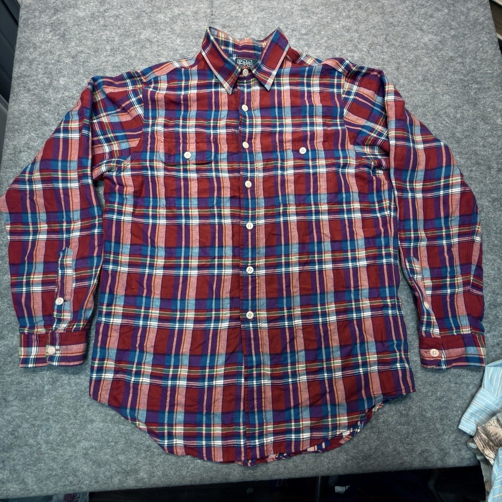 Polo Ralph Lauren Flannel Shirt Men L Plaid Cotton Red Blue Long Sleeve